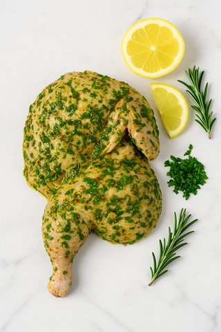 Demi-poulet mariné – Prêt à cuire sous vide (3 saveurs maison)